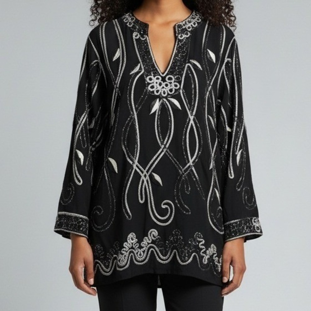 Lauren Michelle Black Silver Metallic Embroidered Tunic Top Womens L Split‎ Neck